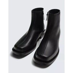 Zara Men’s Black Topstitched Leather Boots Square Toe Side Zip NWT Size 42 US 9